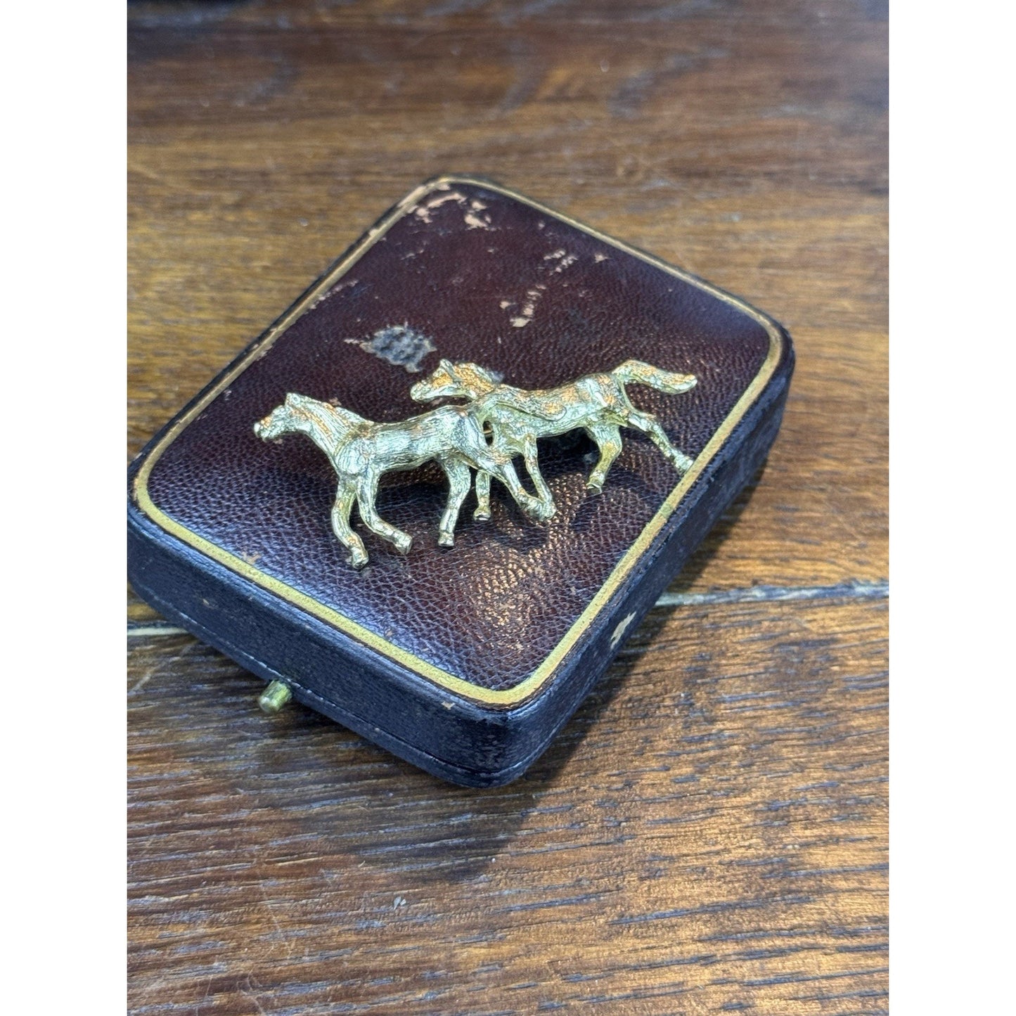 Vintage Horse Brooch Goldtone Two Running Horses Equestrian Pin 2.25” x 1”