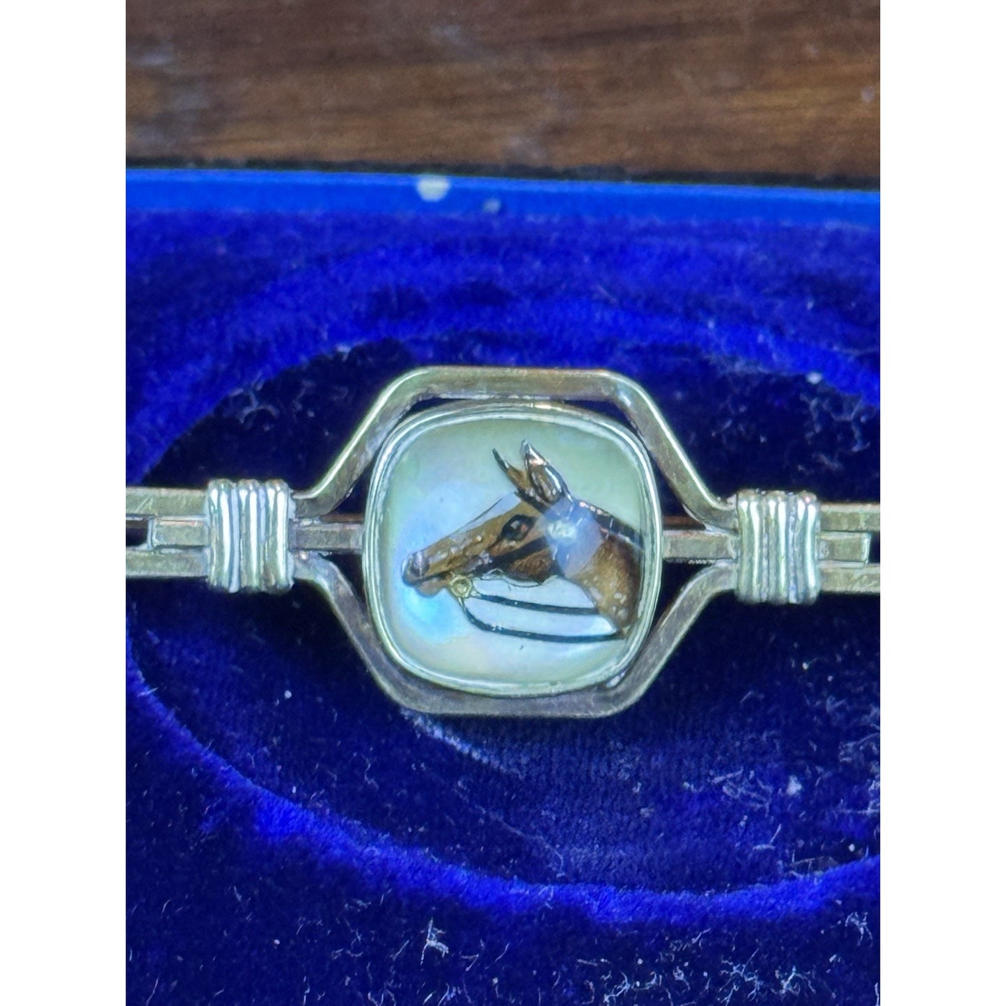 Vintage Krementz Horse Brooch Reverse Painted Equestrian Bar Pin 3.25” x 5/8”