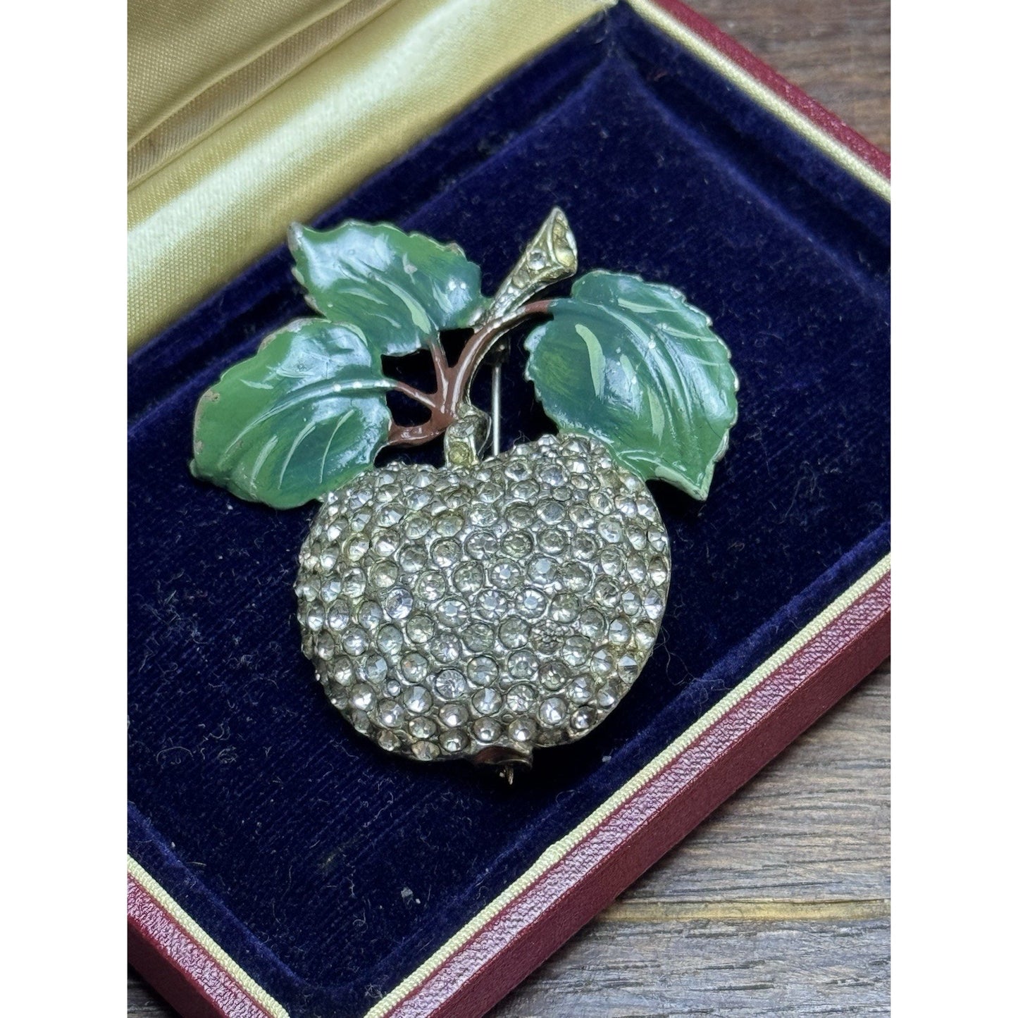Vintage Rhinestone Apple Brooch Green Enamel Leaves Figural Fruit Pin