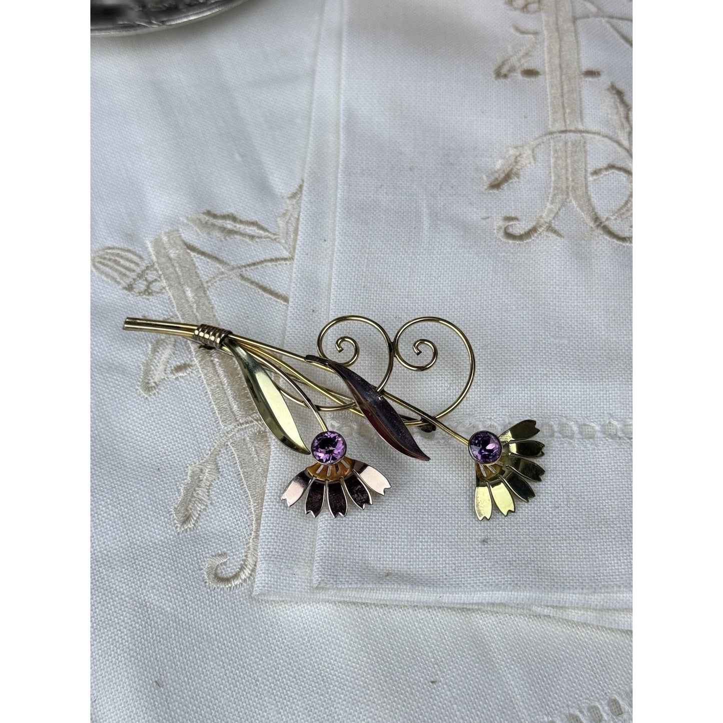 Van Dell Sterling Gold-Filled Floral Brooch Purple Rhinestones 3” Vintage