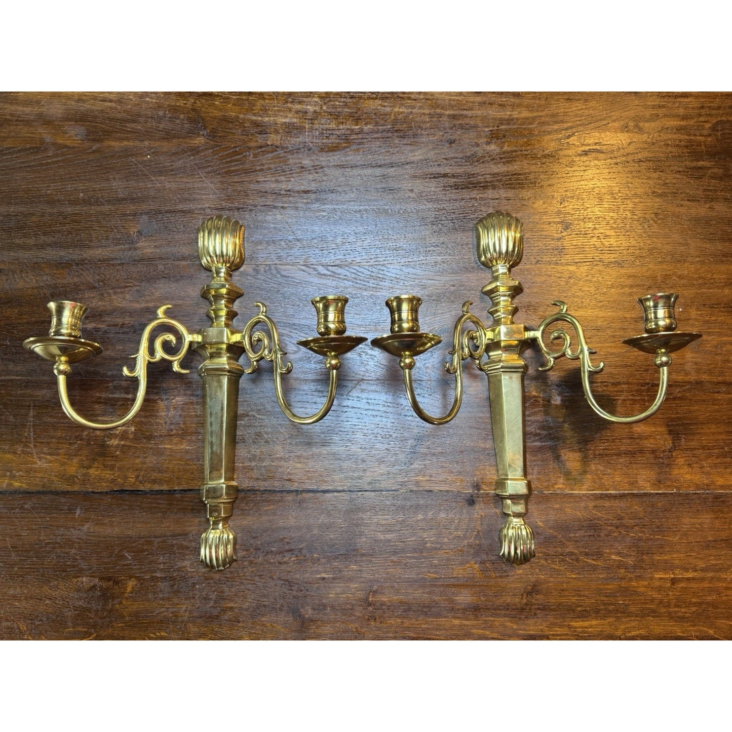 Pair Vintage Brass Wall Candle Sconces India Lacquered 2 Arm 15”