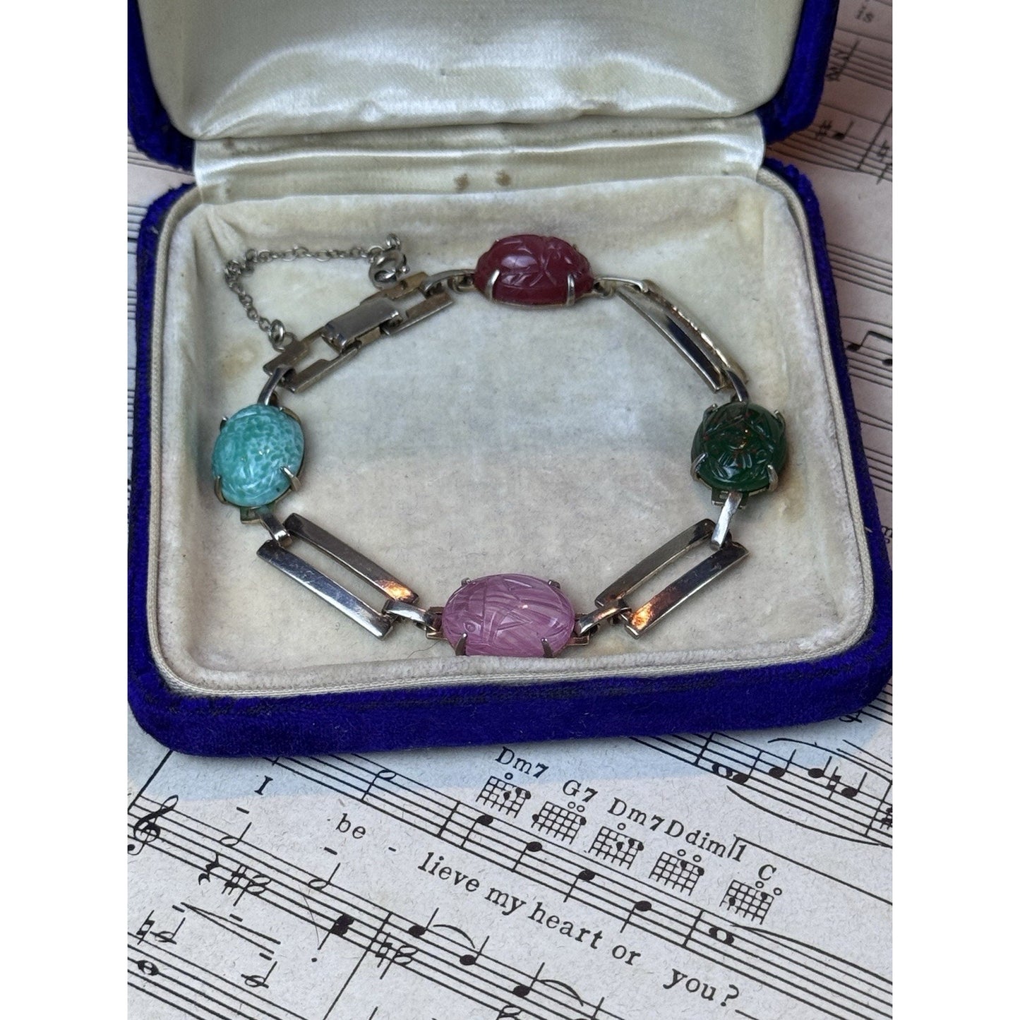 Vintage Silvertone Glass Scarab Bracelet Egyptian Revival 7.5” Pink Green Blue