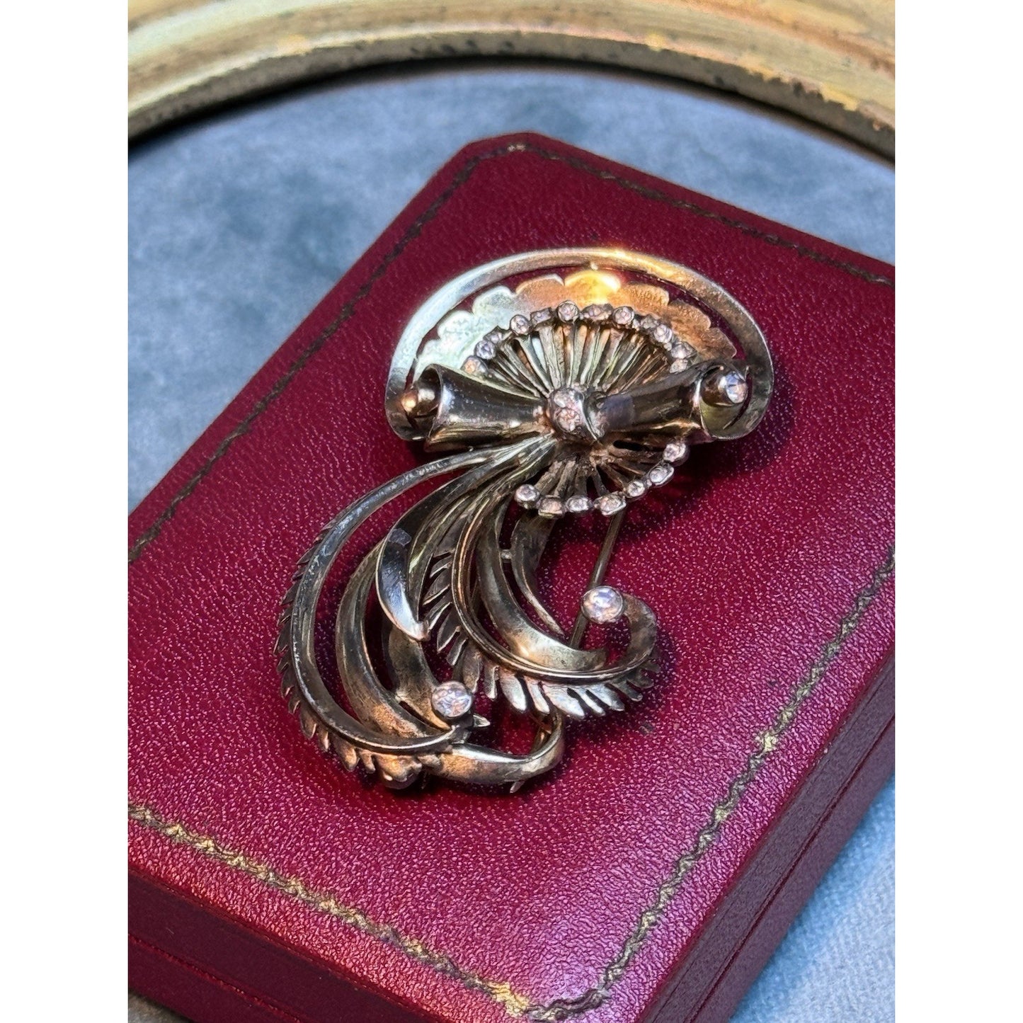R De Rosa Sterling Vermeil Fur Clip Rhinestone Floral Scroll Design Vintage