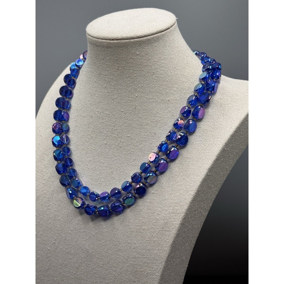 Vintage Blue Lucite AB Bead Necklace Double Strand Faceted Beads 19.5”