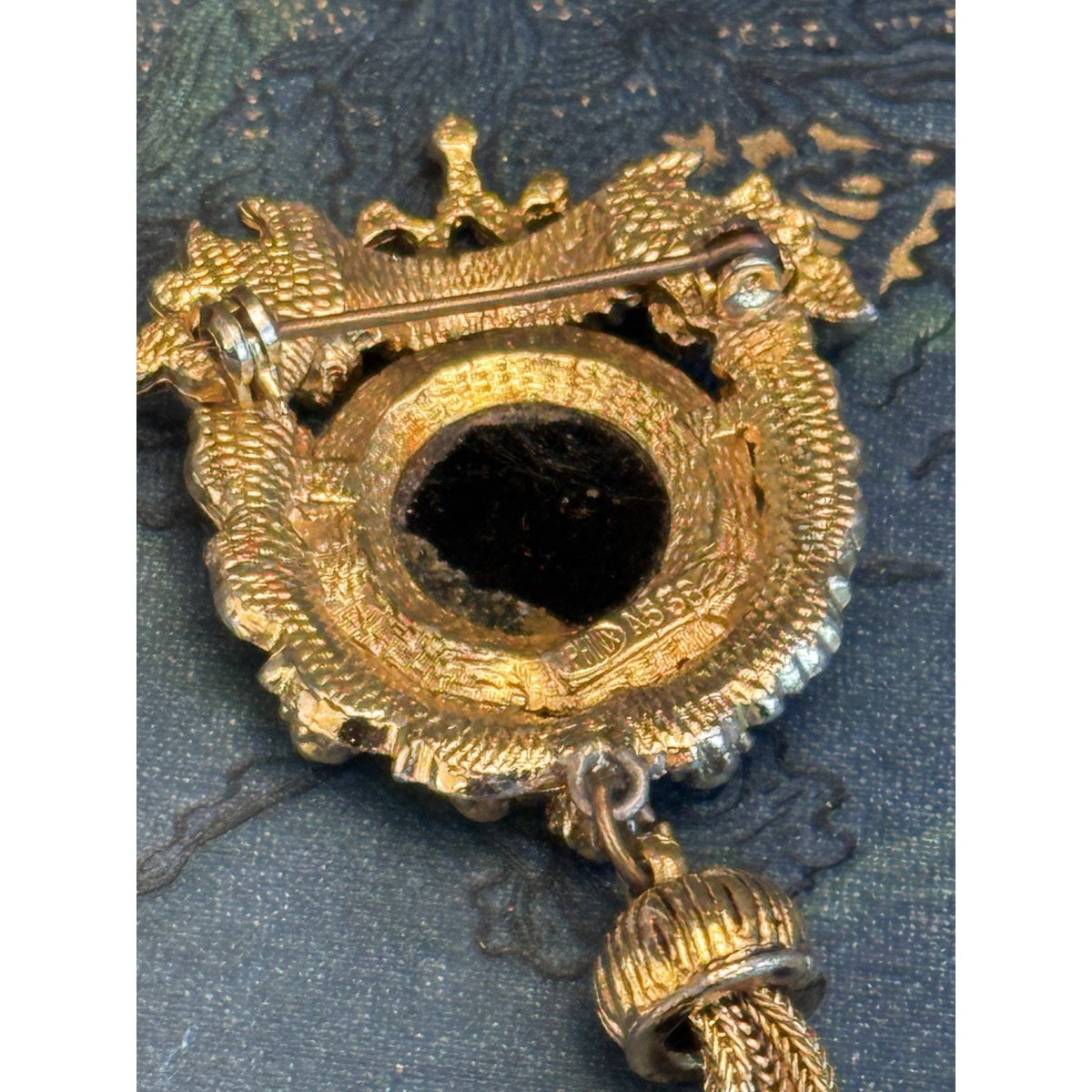Vintage Brooch Signed SPHINX Black Goldtone Tassel Dangle Statement 3.25”