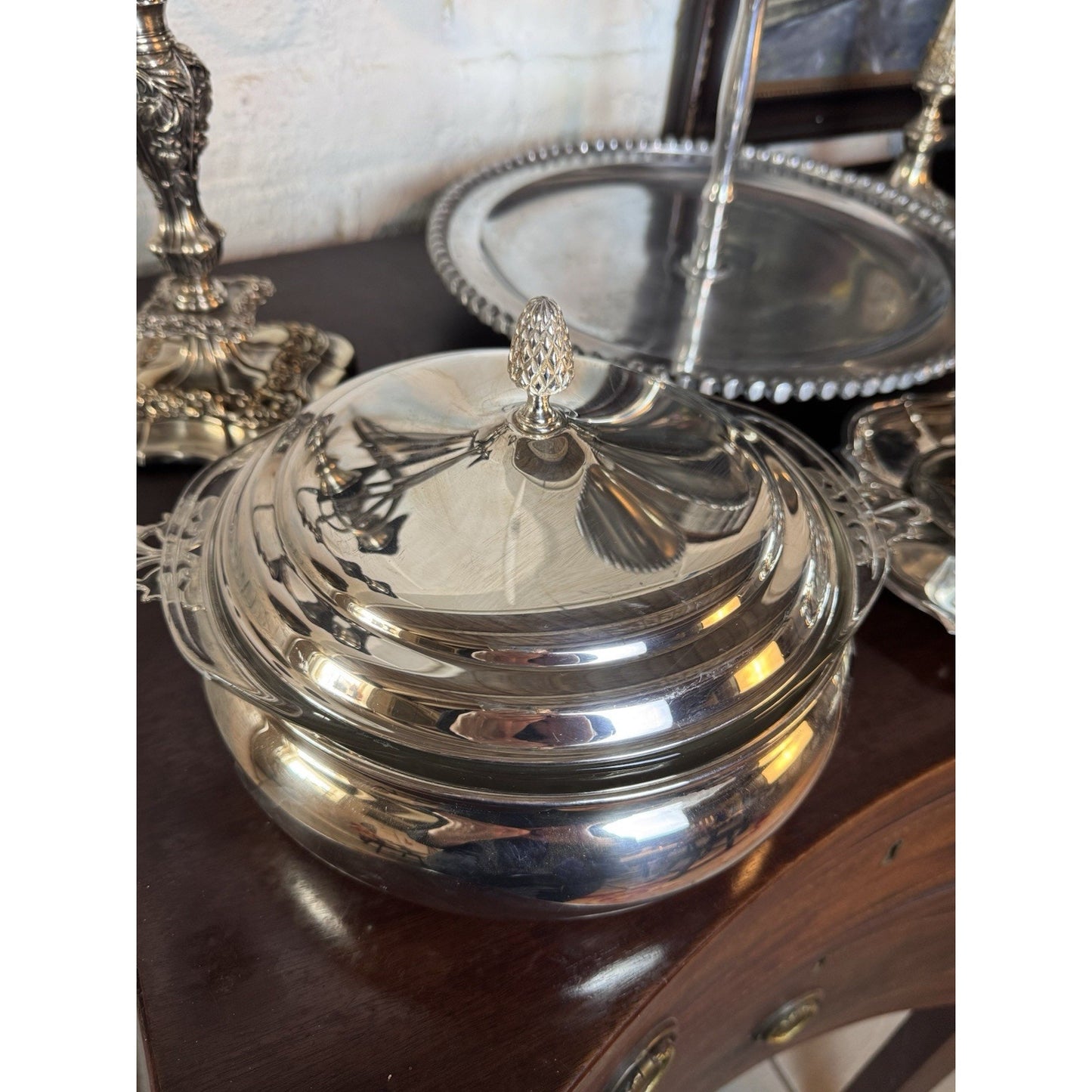 Silverplate Casserole Server Sheffield Silver Co Pyrex Insert Pinecone Lid 9”