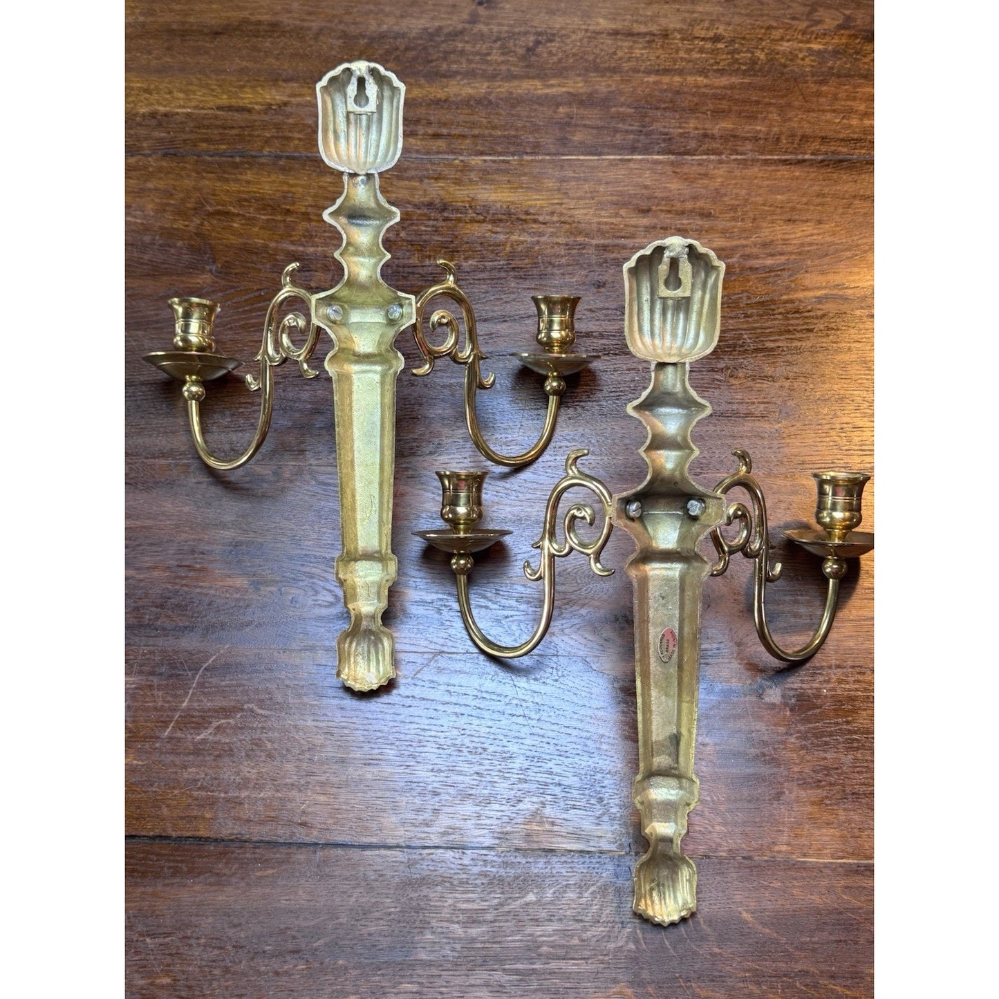 Pair Vintage Brass Wall Candle Sconces India Lacquered 2 Arm 15”