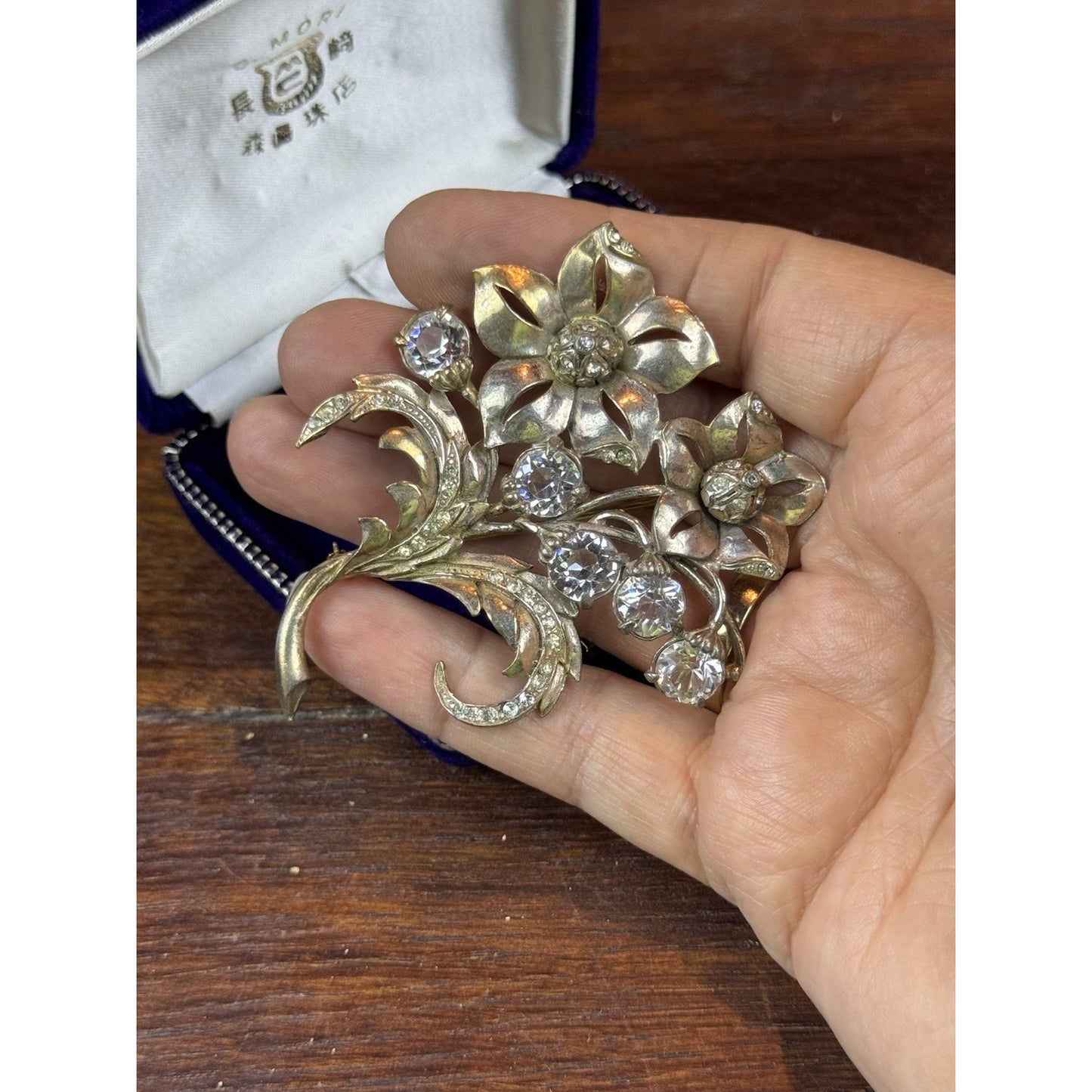 Vintage Brooch Silver-Goldtone Floral Clear Rhinestone Flower Spray Large 3”