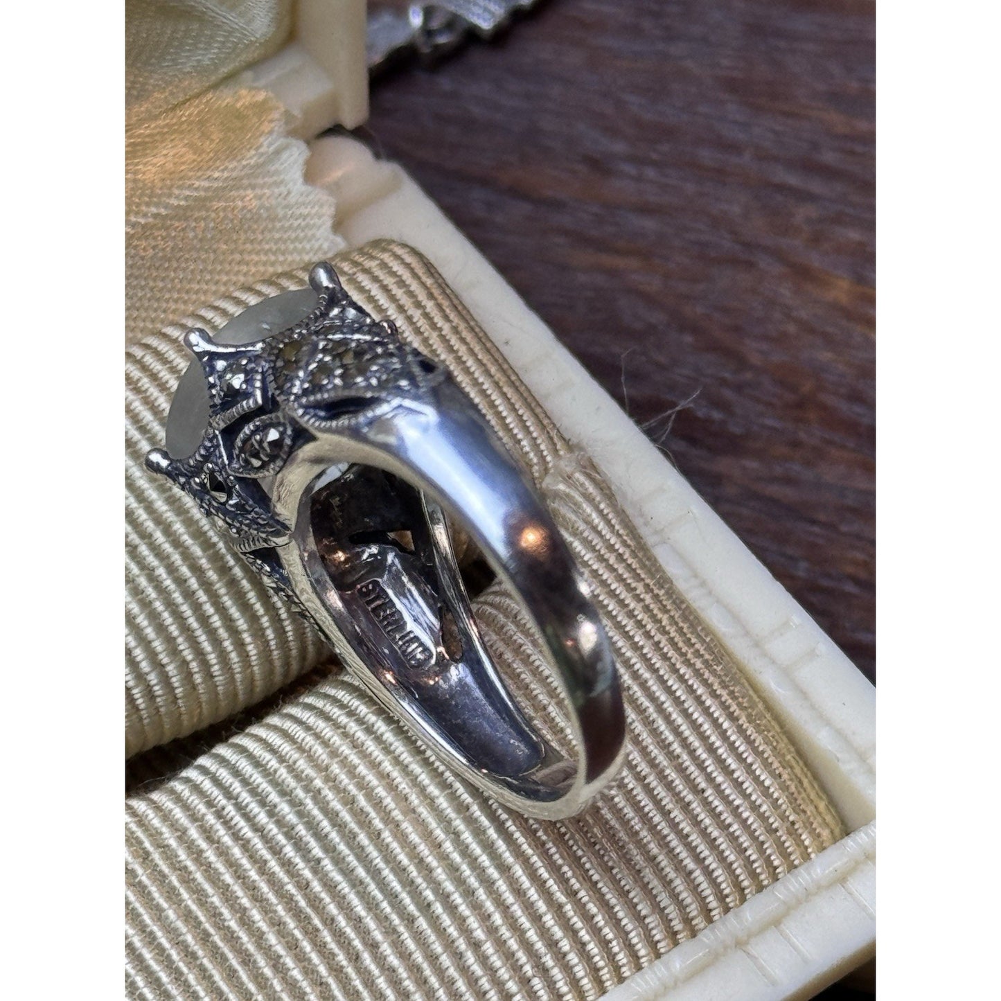 Sterling Silver Camphor Glass Marcasite Ring Size 6.75 Art Deco Style