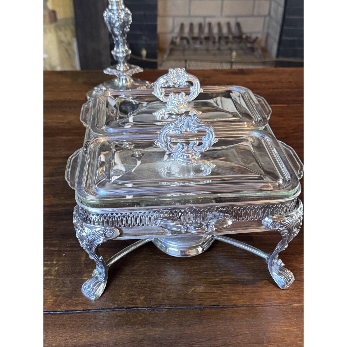 Silverplate Double Chafing Dish Warmer with Two Fire-King 1 Qt Covered Dishes