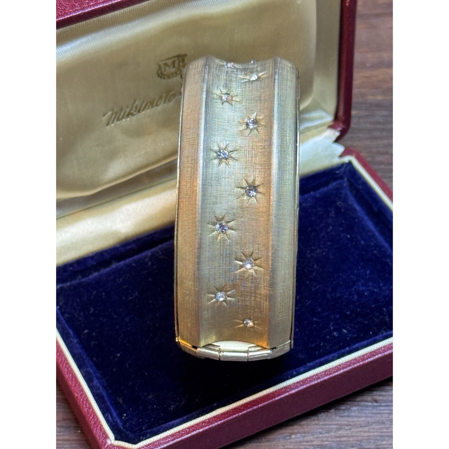 Vintage Schrager Rhinestone Hinged Bangle Bracelet Goldtone Safety Chain 6.5”