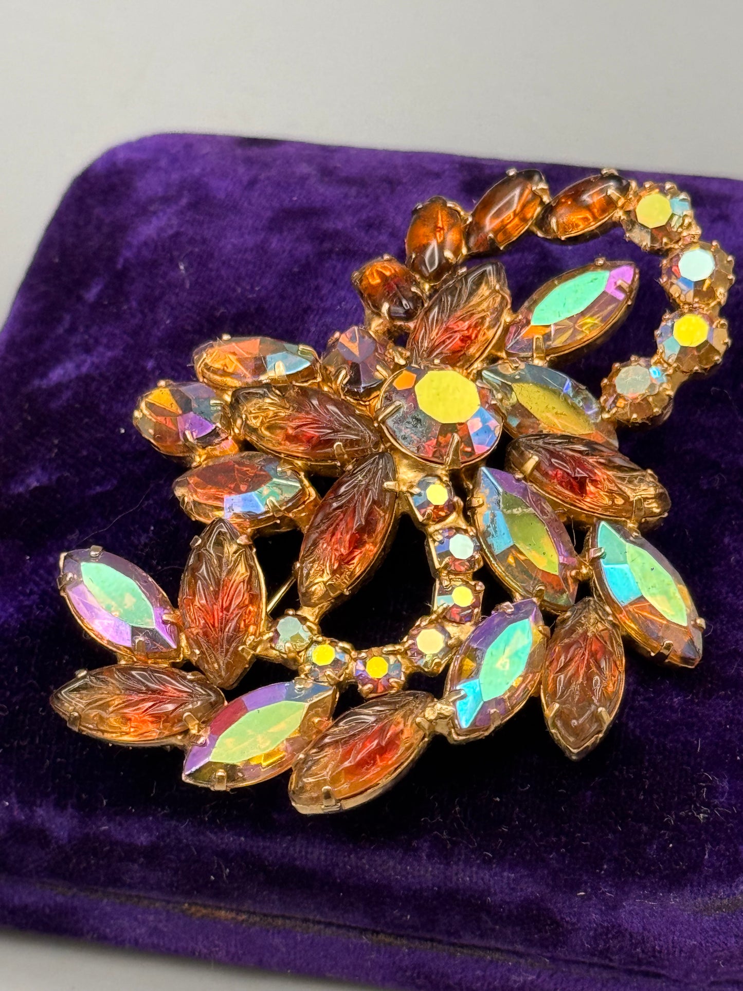 Vintage Rhinestone Brooch AB Navette Amber Glass Pink Crystal Floral 3”
