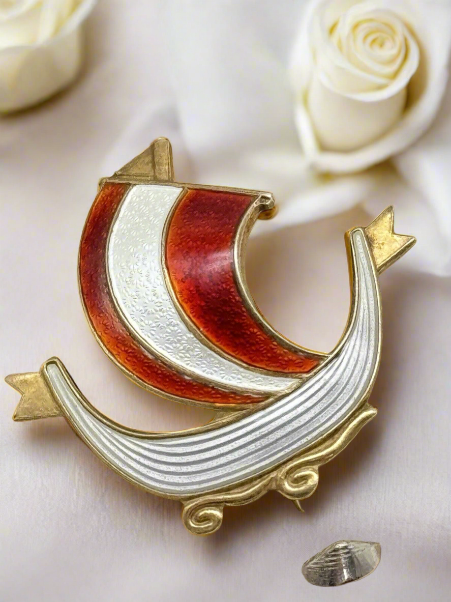 Vintage AKSEL HOLMSEN Silver 925S Guilloche Enamel Viking Ship Brooch RED White