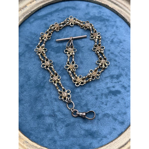 Antique Victorian Floral Link Watch Chain Rose Gold Filled T Bar Dog Clip
