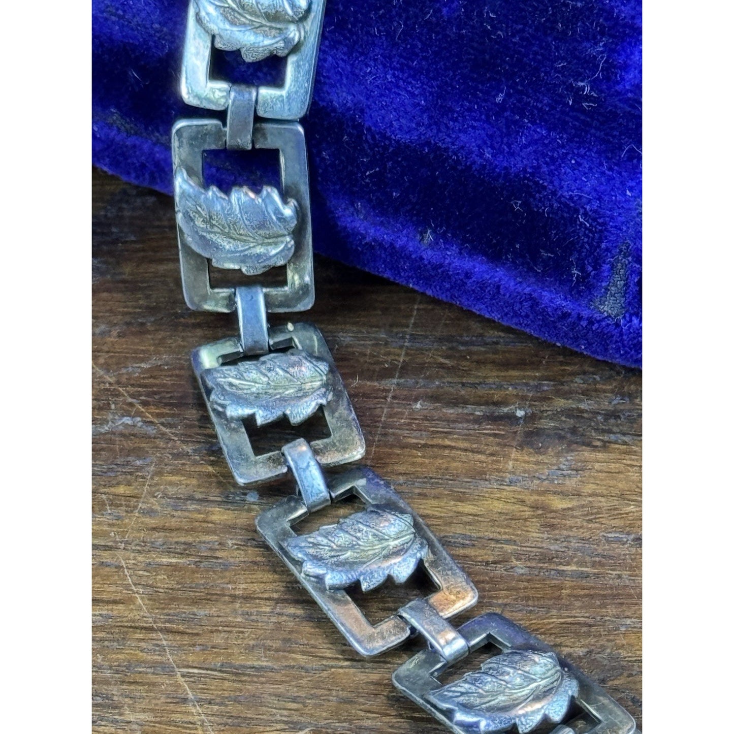 Vintage Sterling Silver Leaf Link Bracelet Gold Accents 7.25” Botanical Design