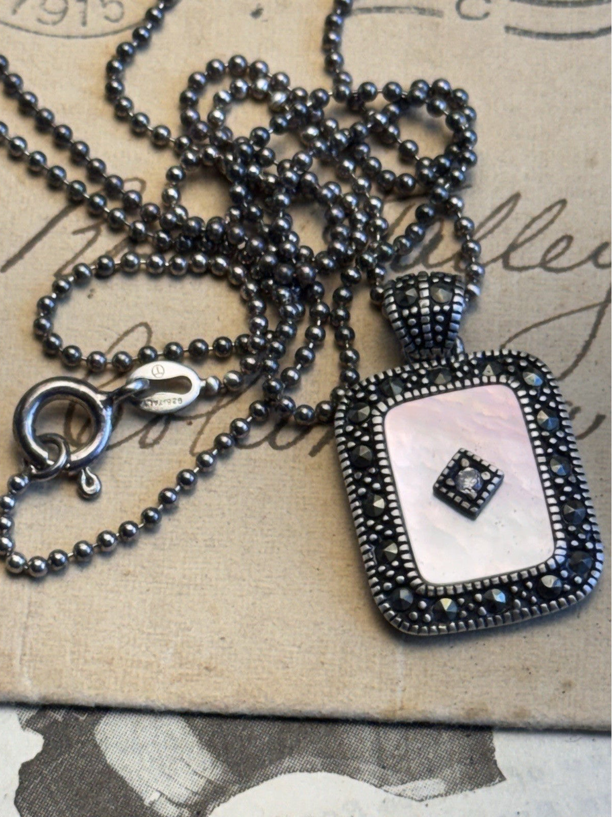 925 Sterling Silver Mother Of Pearl Marcasite Pendant Necklace 23” Ball Chain 1”