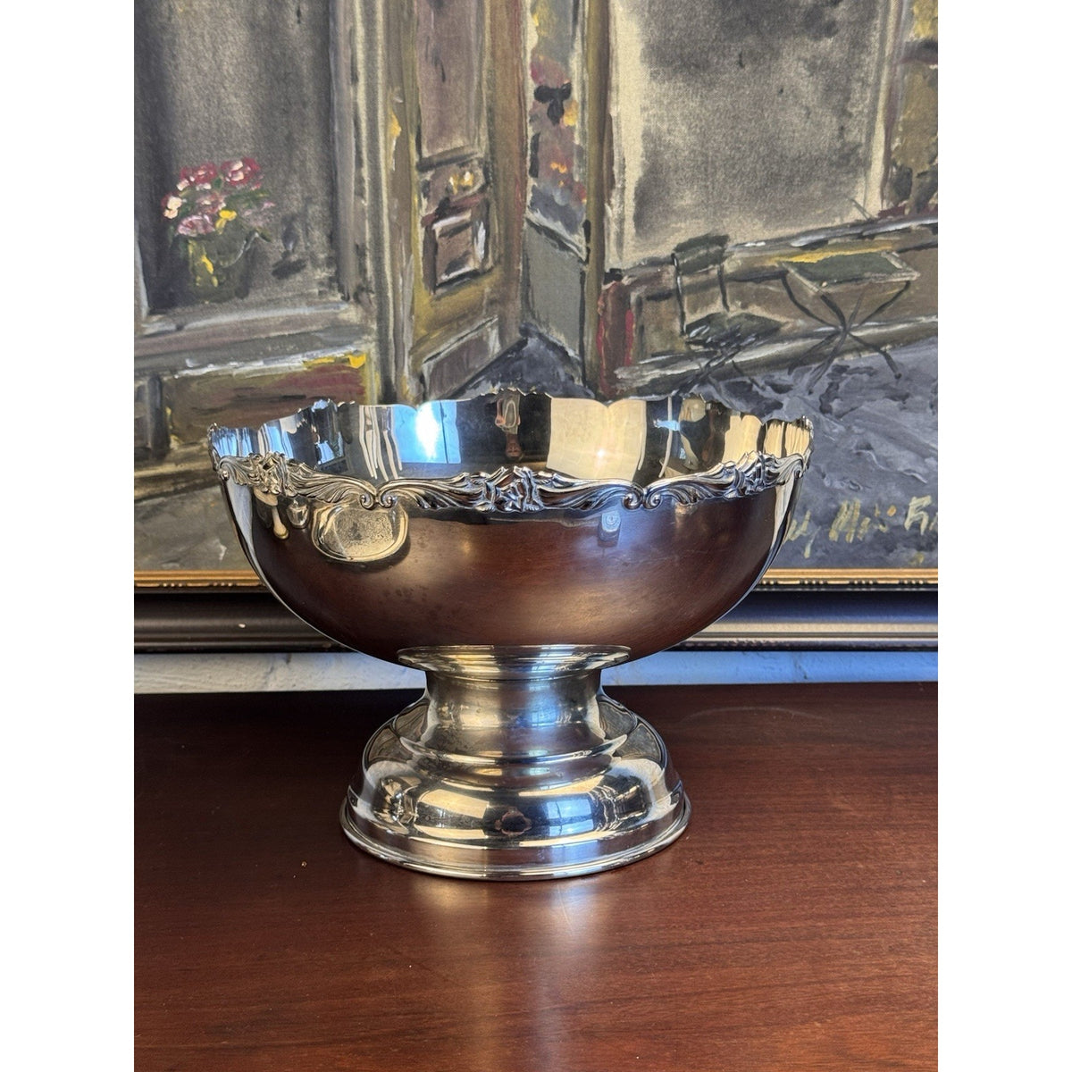 Silverplate Punch Bowl Footed Rose Edge Floral Design Elegant CENTERPIECE 12”