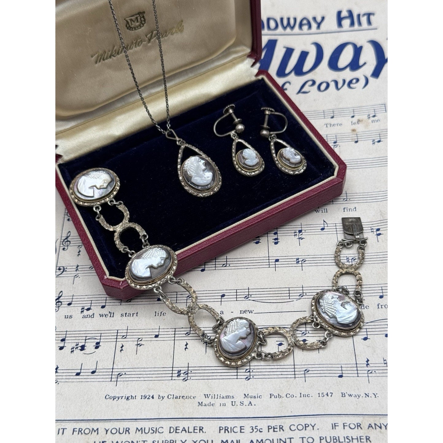 VINTAGE Cameo Parure 800 Silver Abalone MOP Bracelet Earrings Necklace