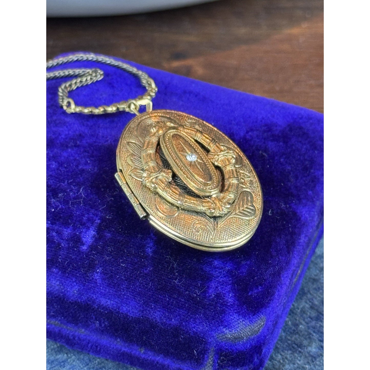 Vintage Goldtone Locket Necklace Rhinestone Floral Victorian Revival 23.5”