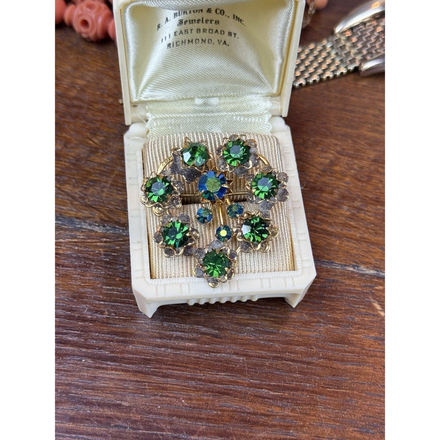 Vintage Heart Brooch Green Rhinestone Goldtone Floral Costume Jewelry 1.5”