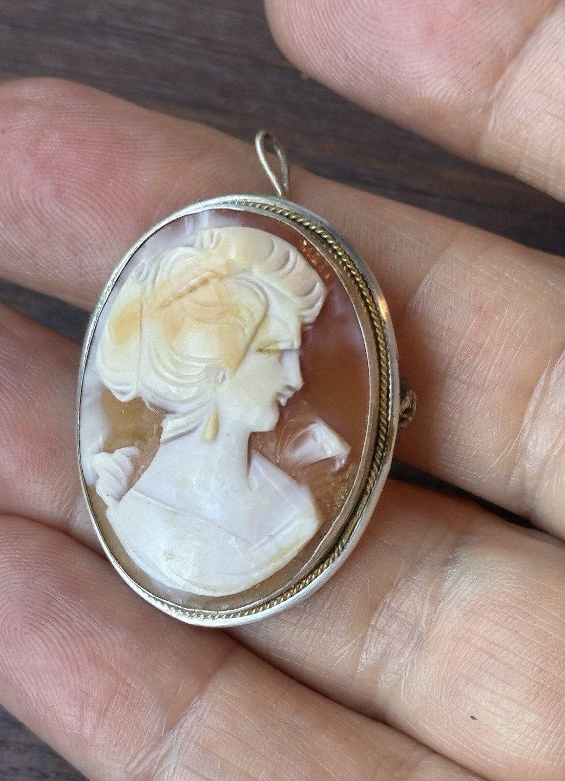 Vintage 800 Silver Shell Cameo Brooch Pendant Hand Carved Lady 1.25”