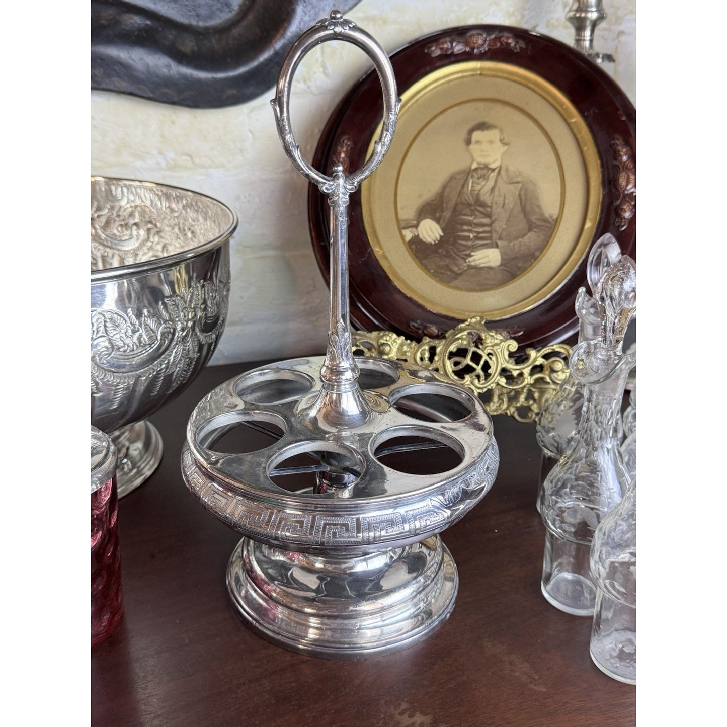 Antique Rogers Smith Silverplate Cruet Set Etched Glass 6 Bottles 13.5” Tall