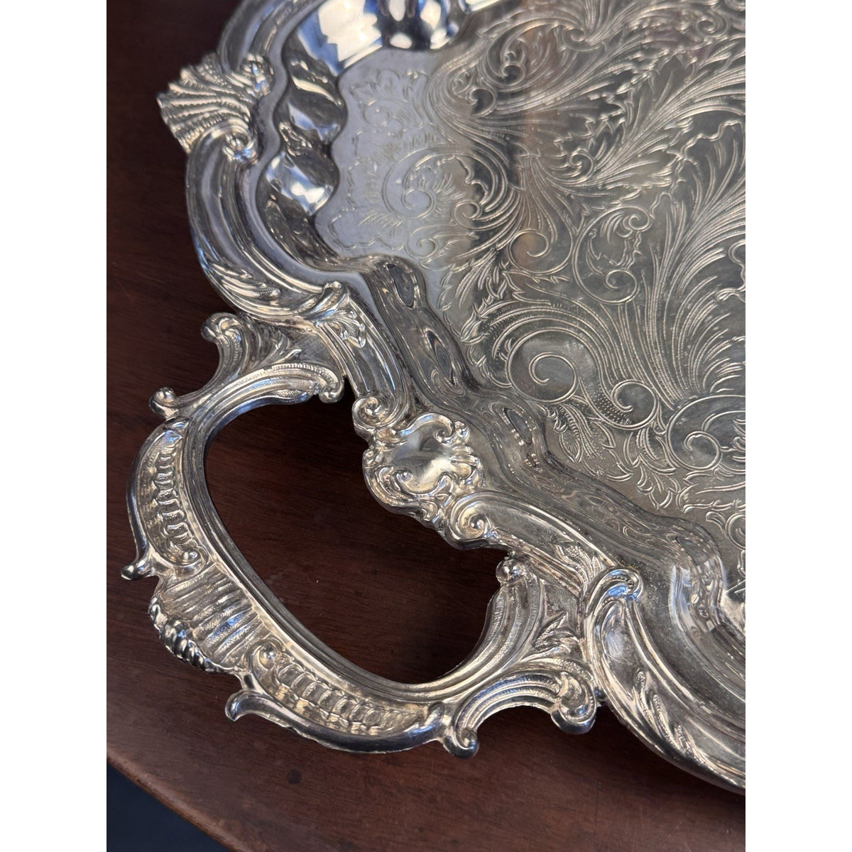 Silverplate Serving Tray Footed Handled Shell Motif Large Decorative