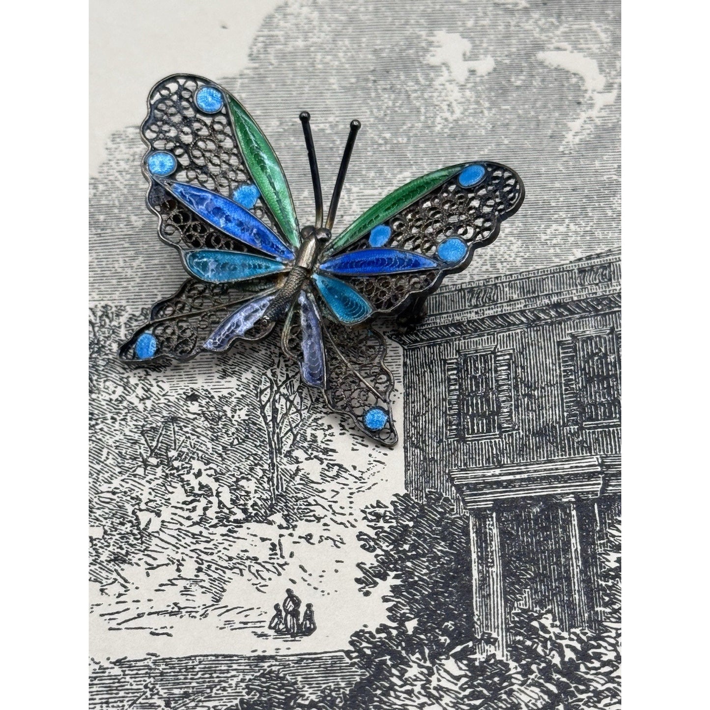 800 Silver Butterfly Brooch Filigree Enamel Blue Green 1.75” Estate VINTAGE