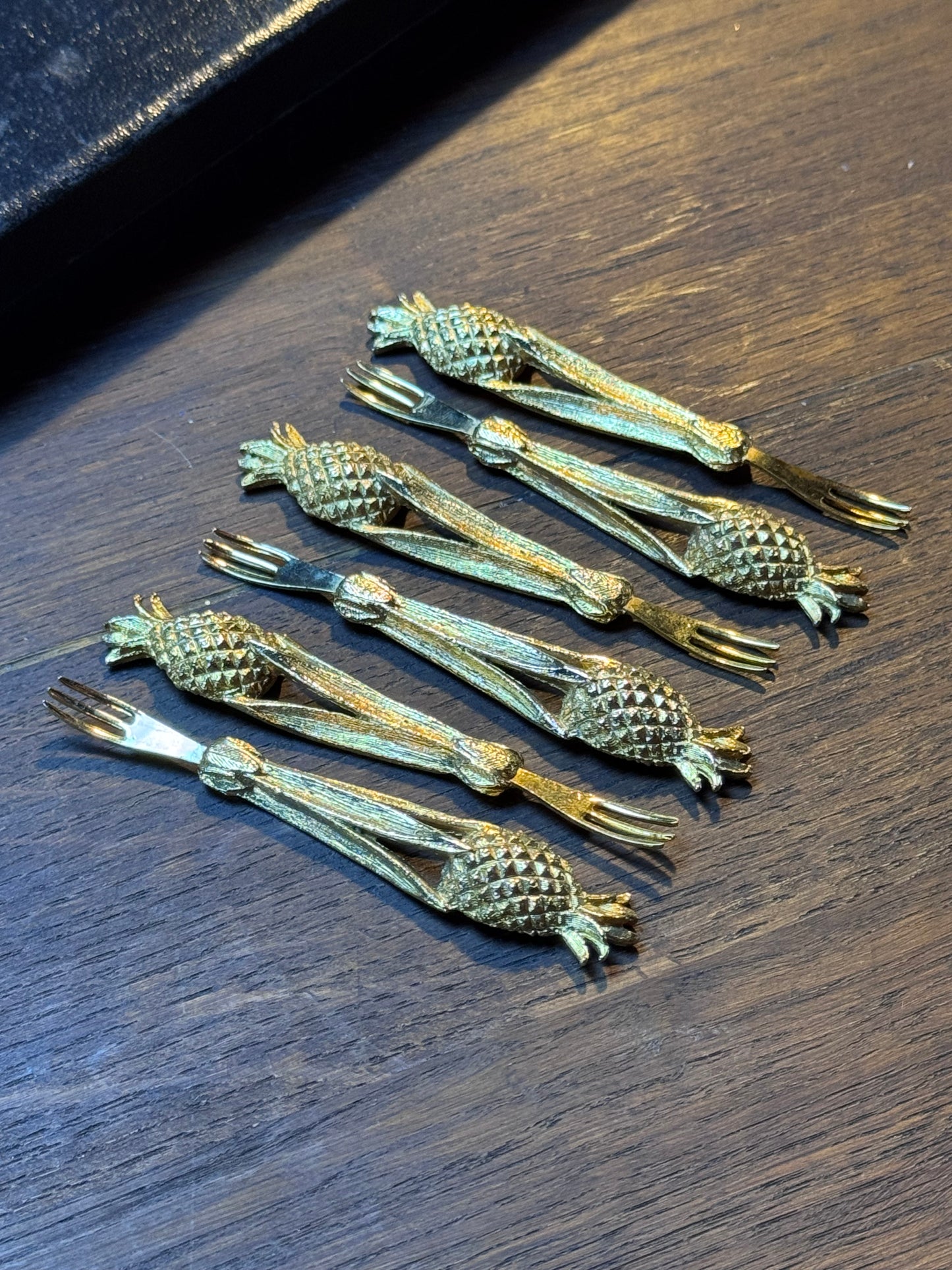 Vintage Canapé Fork Set 24kt Gold Plated Janis Collection 6 Pineapple Design