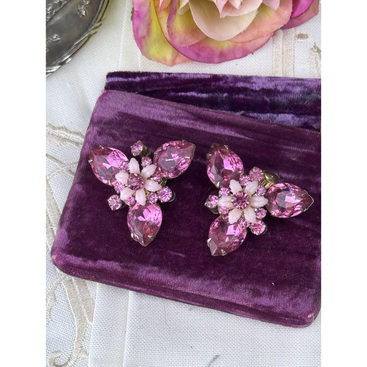 Vintage Earrings Pink Rhinestone & Molded Glass Floral Clip-On