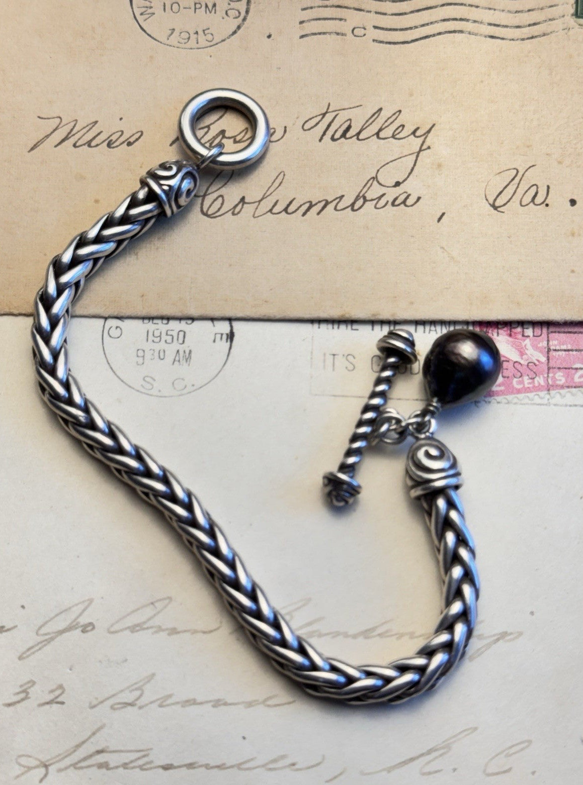 ZINA Sterling Bracelet Braided Chain 925 Toggle Black Baroque Pearl 6.75”