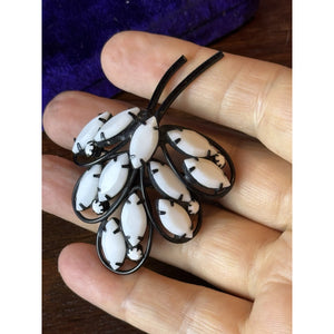 Vintage Brooch Black White Glass Floral Spray Japanned Statement Pin 2.5”