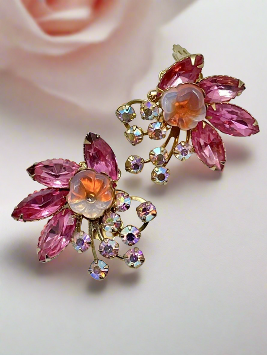 Vintage Pair Beau Jewels Pink Rhinestone Earrings AB Accents SIGNED