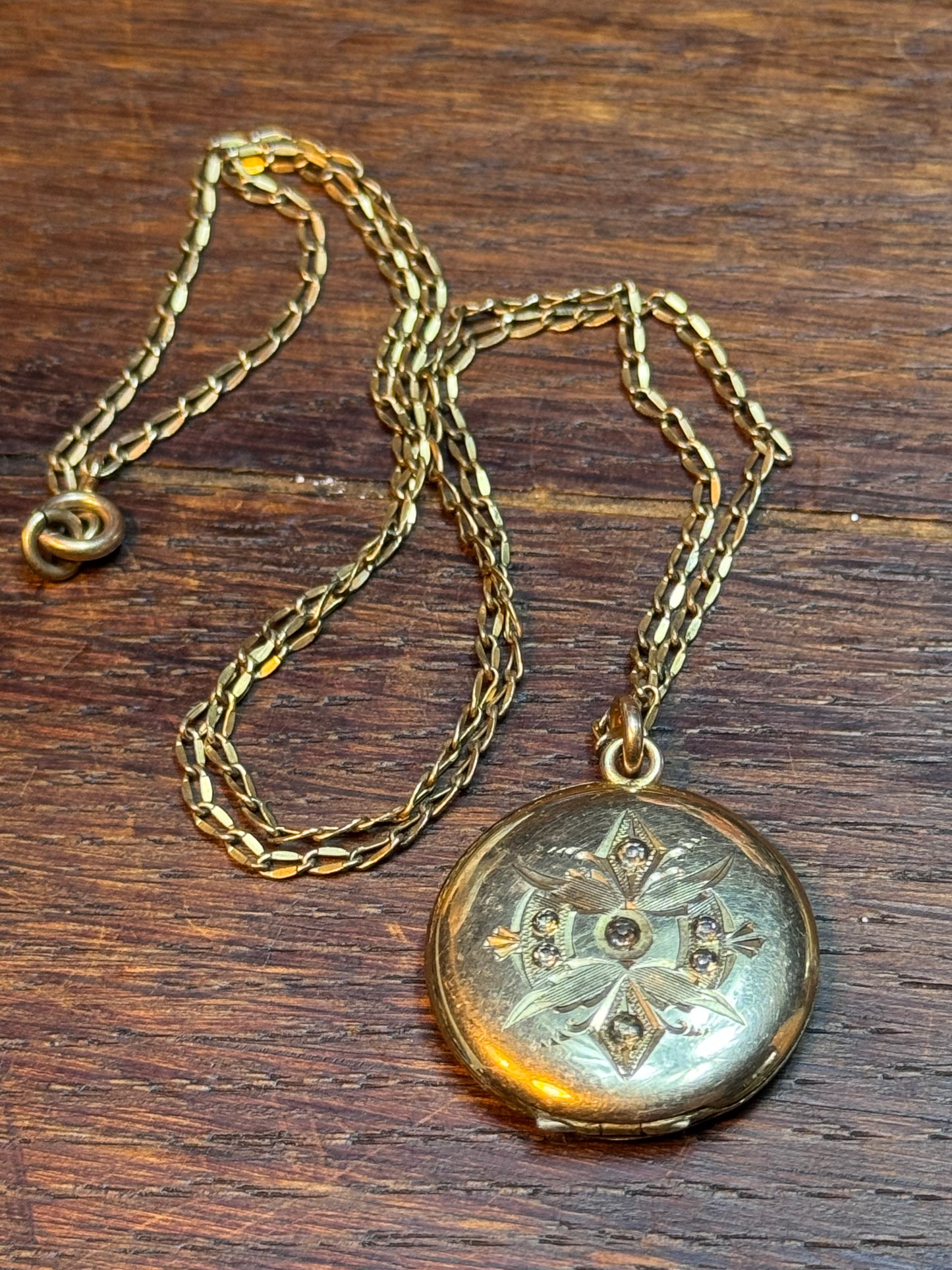 Victorian Rose-Gold Photo Locket Necklace Clear Paste Stones 19”