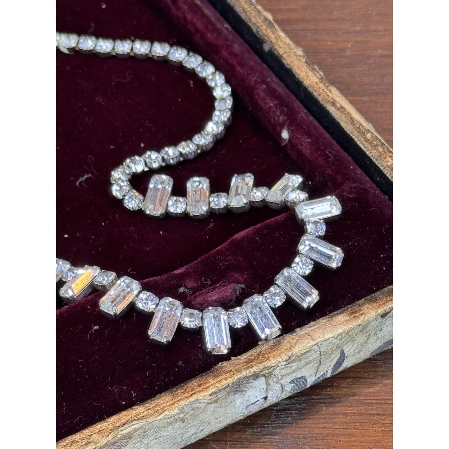 Vintage WEISS Necklace Clear Rhinestone Baguette Fringe – Signed – Circa 1950s