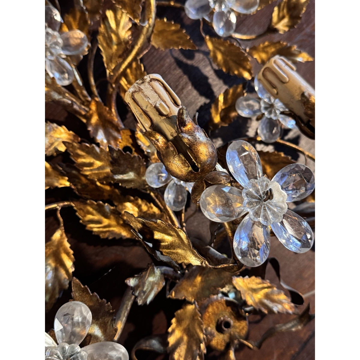 Maison Bagues Style Gilt Tole Wall Sconces Pair 6 Light Crystal Flowers Bow 27”