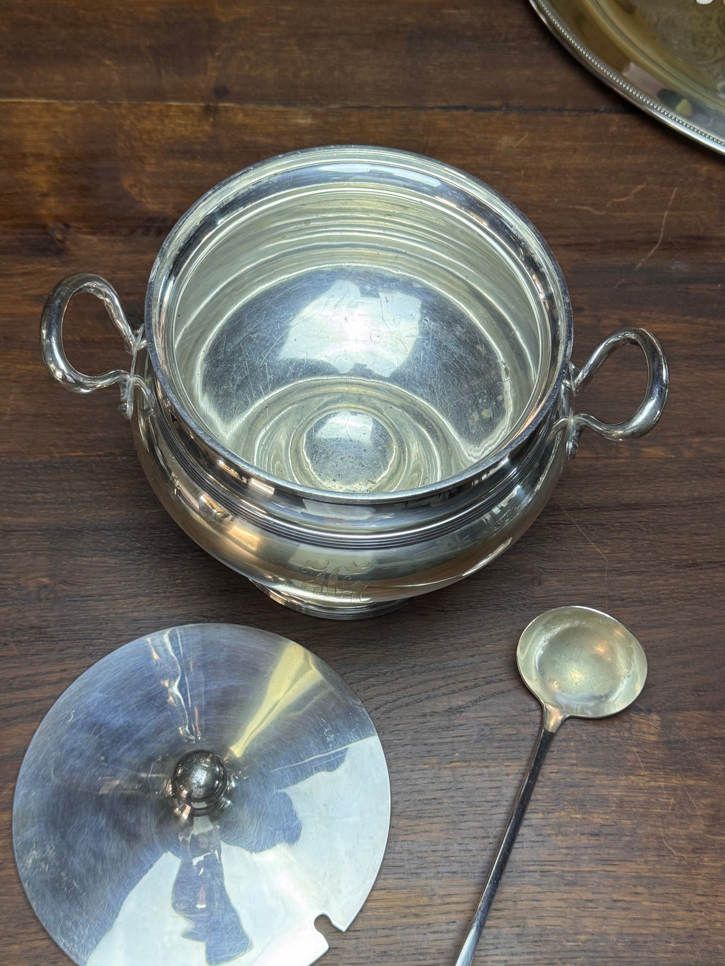 Antique Soup Tureen Lidded Footed Monogrammed Serving Bowl Ladle 9.5”