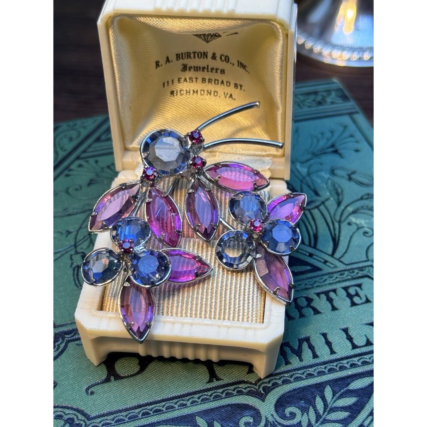Vintage Blue Pink Rhinestone Flower Brooch Duo Set Silver Tone Floral Pins