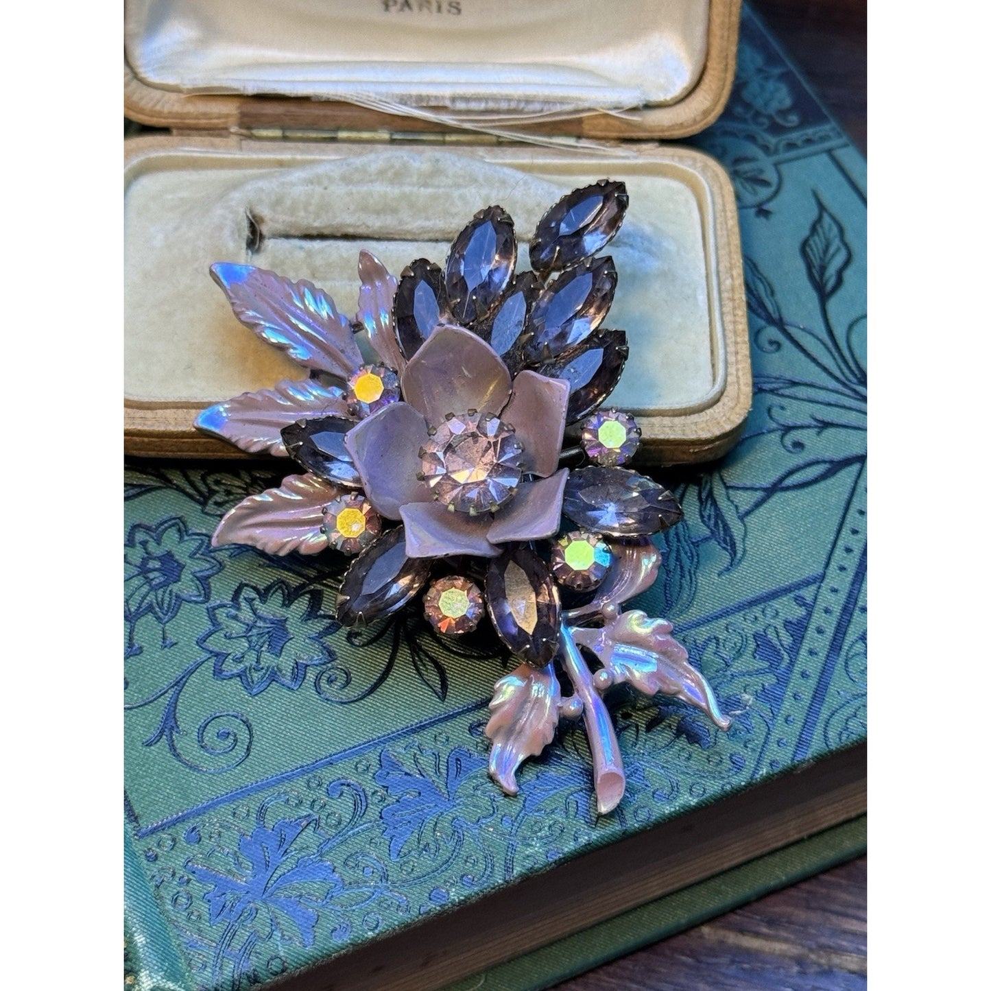 Vintage Lilac Enamel Floral Spray Brooch Smoky Lavender Rhinestones 3”