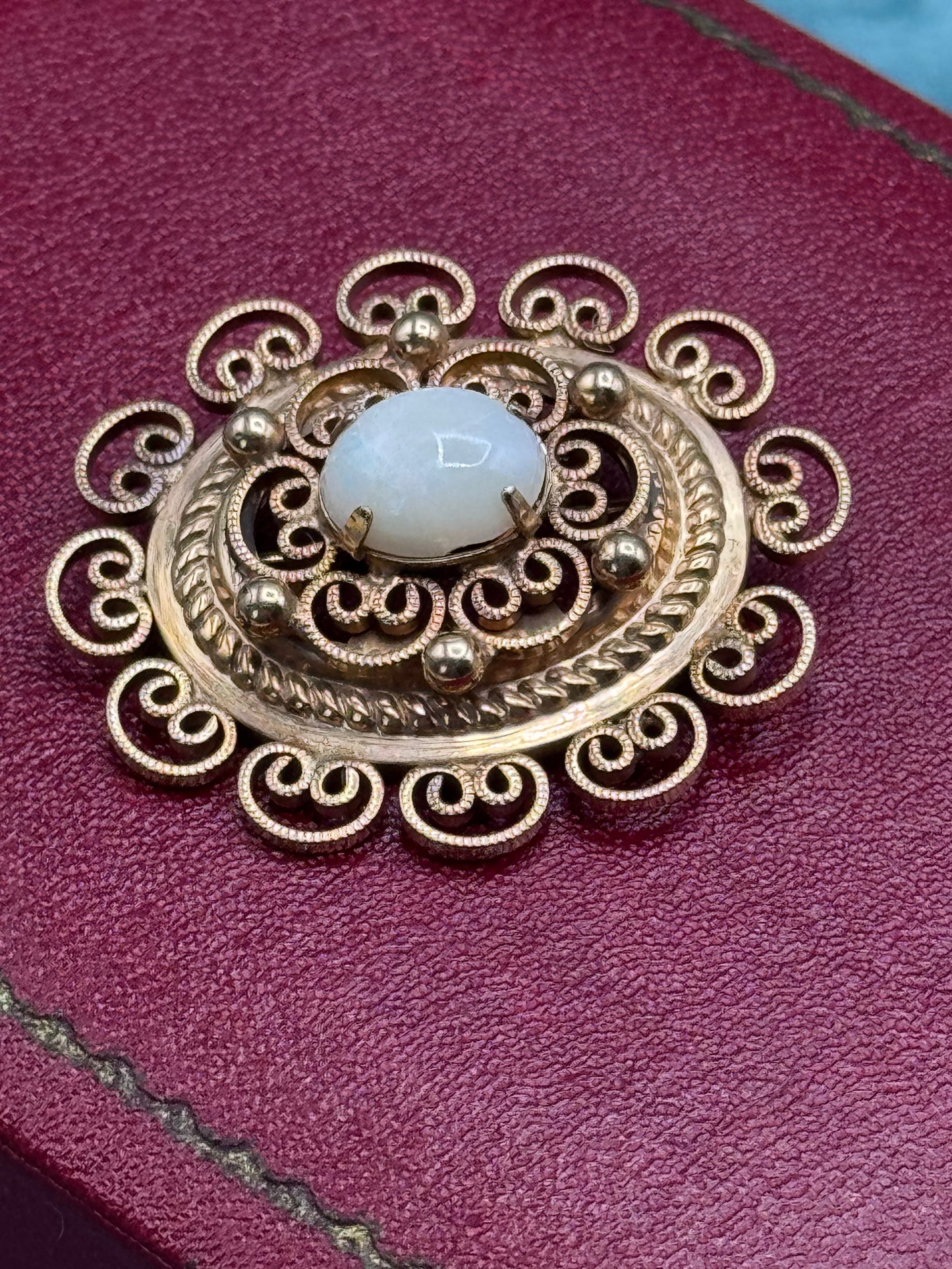 Vintage Winard 12K GF Etruscan Revival Brooch White Cabochon Filigree Pin