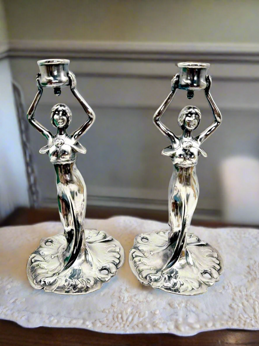 Art Nouveau Style Silver Tone Candle Sticks Ca. 9.5”h Substantial SIGNED J B