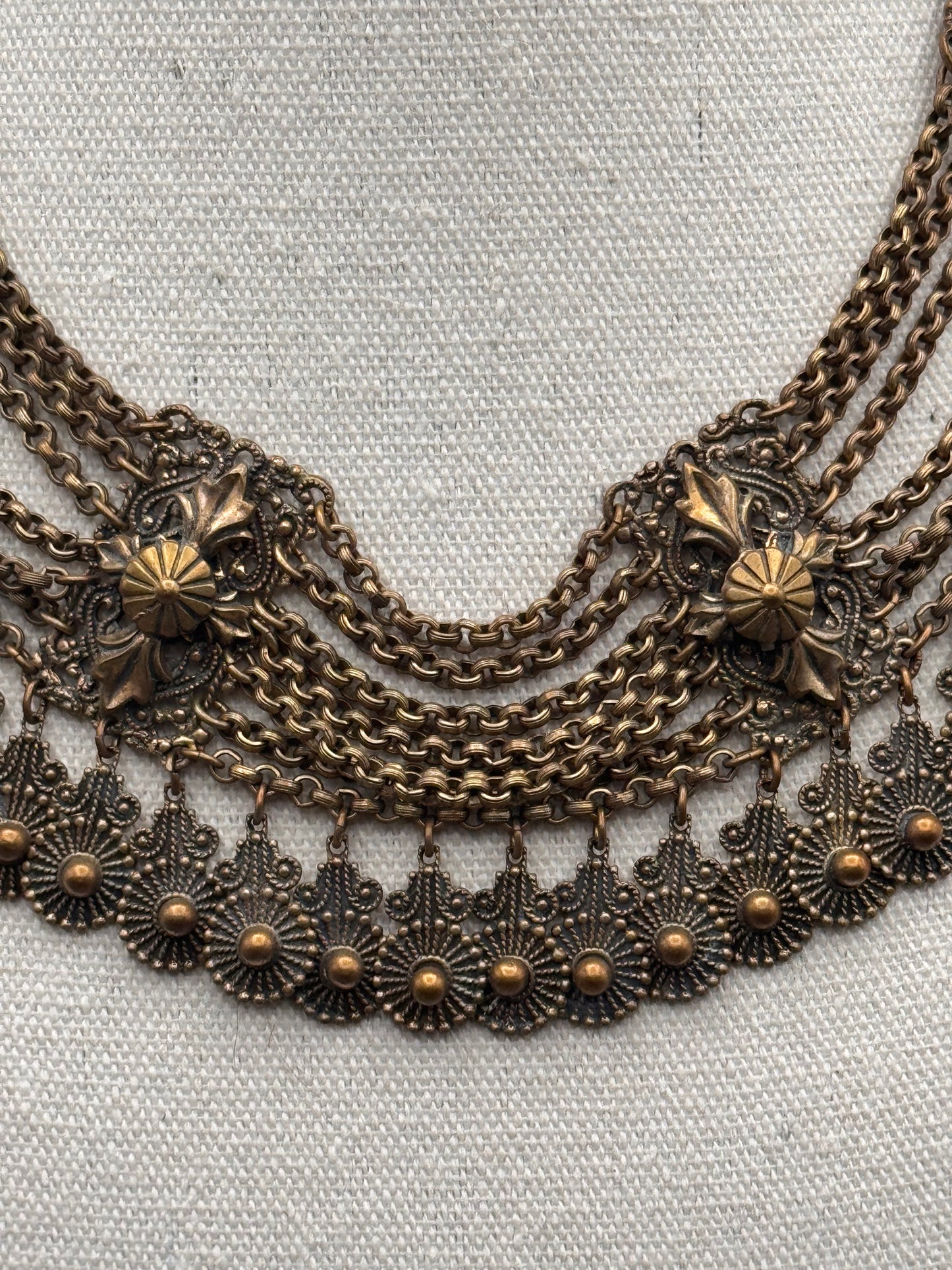 Vintage Festoon Necklace Brass Tone Multi Chain Dangle Statement 16”