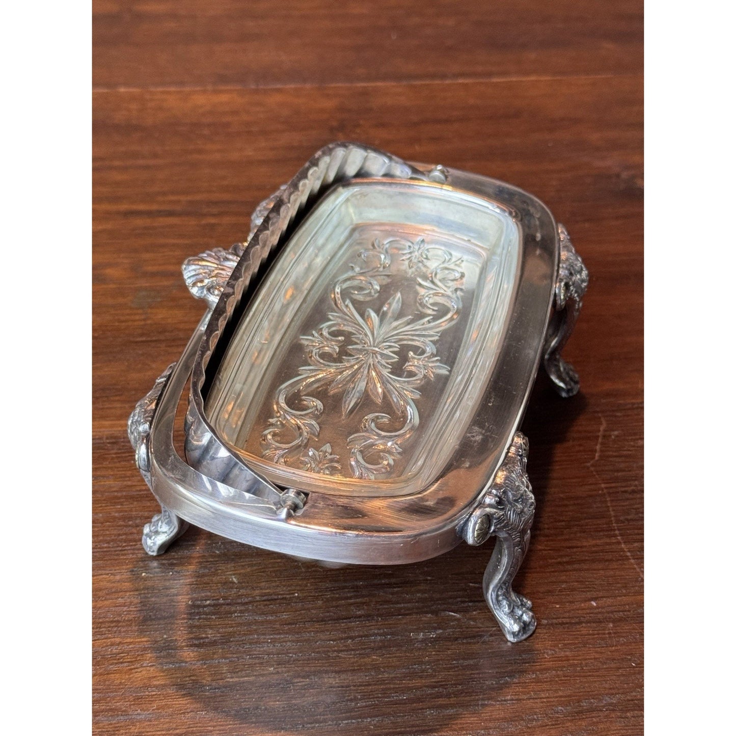 Silverplate Roll Top Butter Dish F B Rogers Silver Co Lion Feet 7.5”