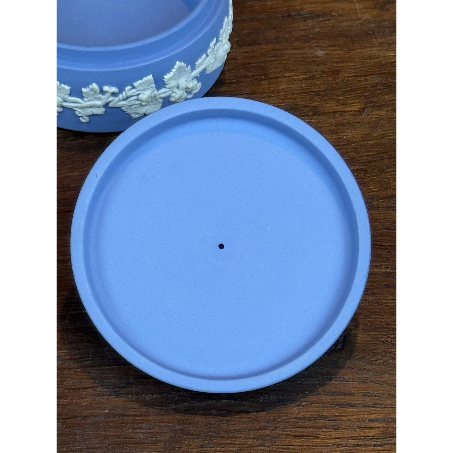 Vintage Wedgwood Jasperware Blue Lidded Trinket Box Grape Vine 3”