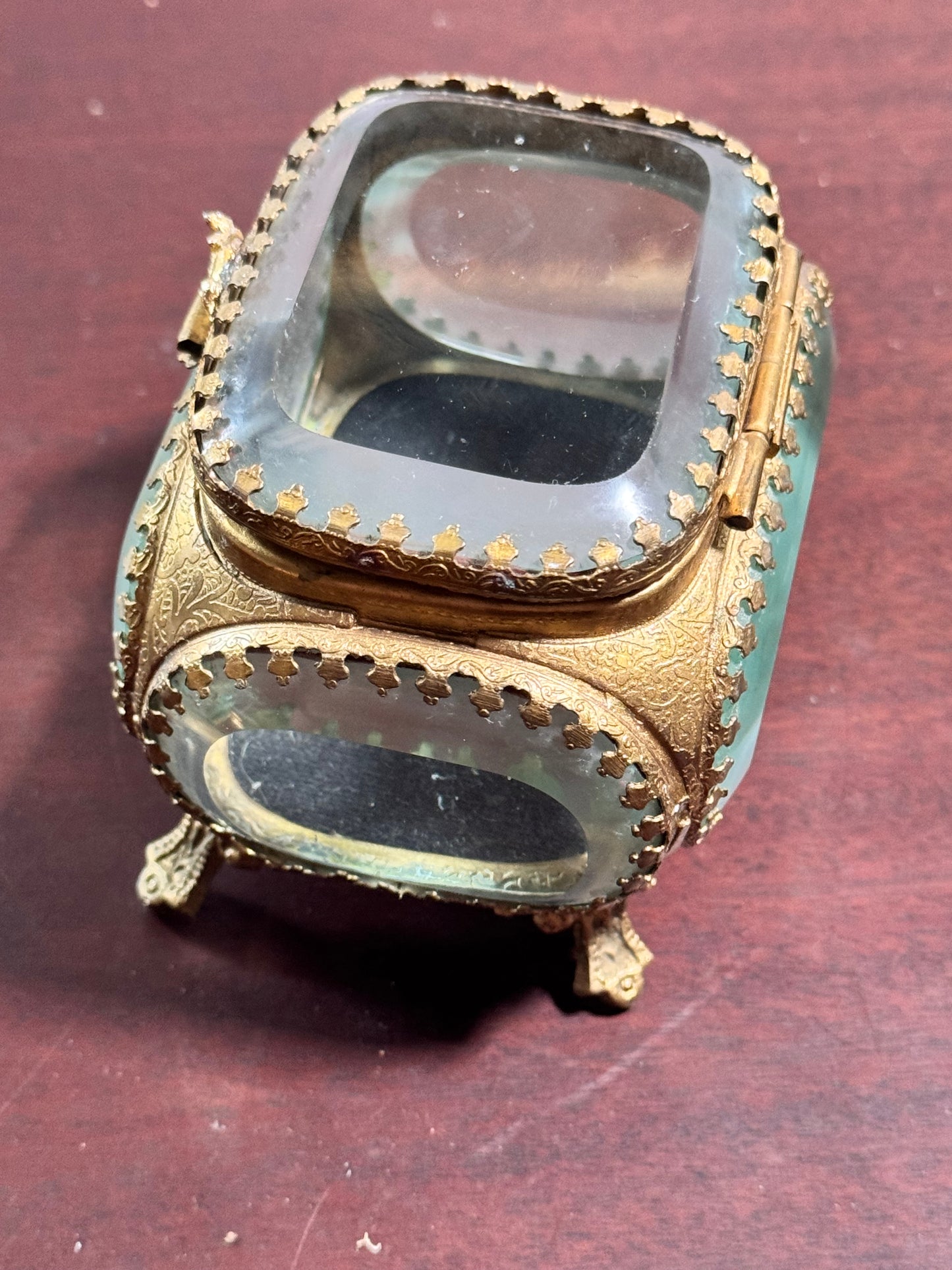 Jewelry Casket Box Antique Beveled Glass Ormolu Vanity Trinket Box 3.5”