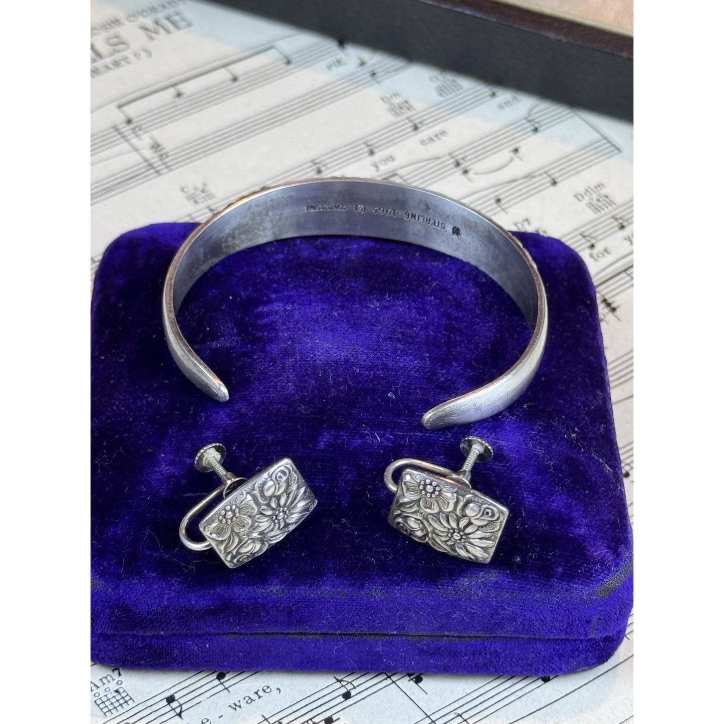 Vintage Sterling Silver Bracelet Earrings Set Contessina 1965 Floral Repoussé
