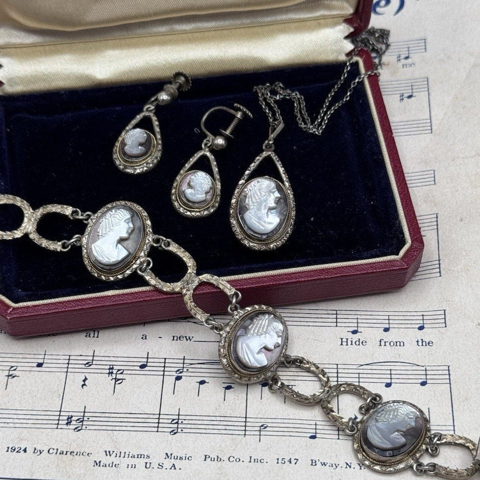 VINTAGE Cameo Parure 800 Silver Abalone MOP Bracelet Earrings Necklace