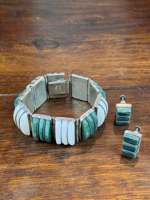 Vintage Silver Bracelet Earrings Mexico Green White Stone Articulated Set