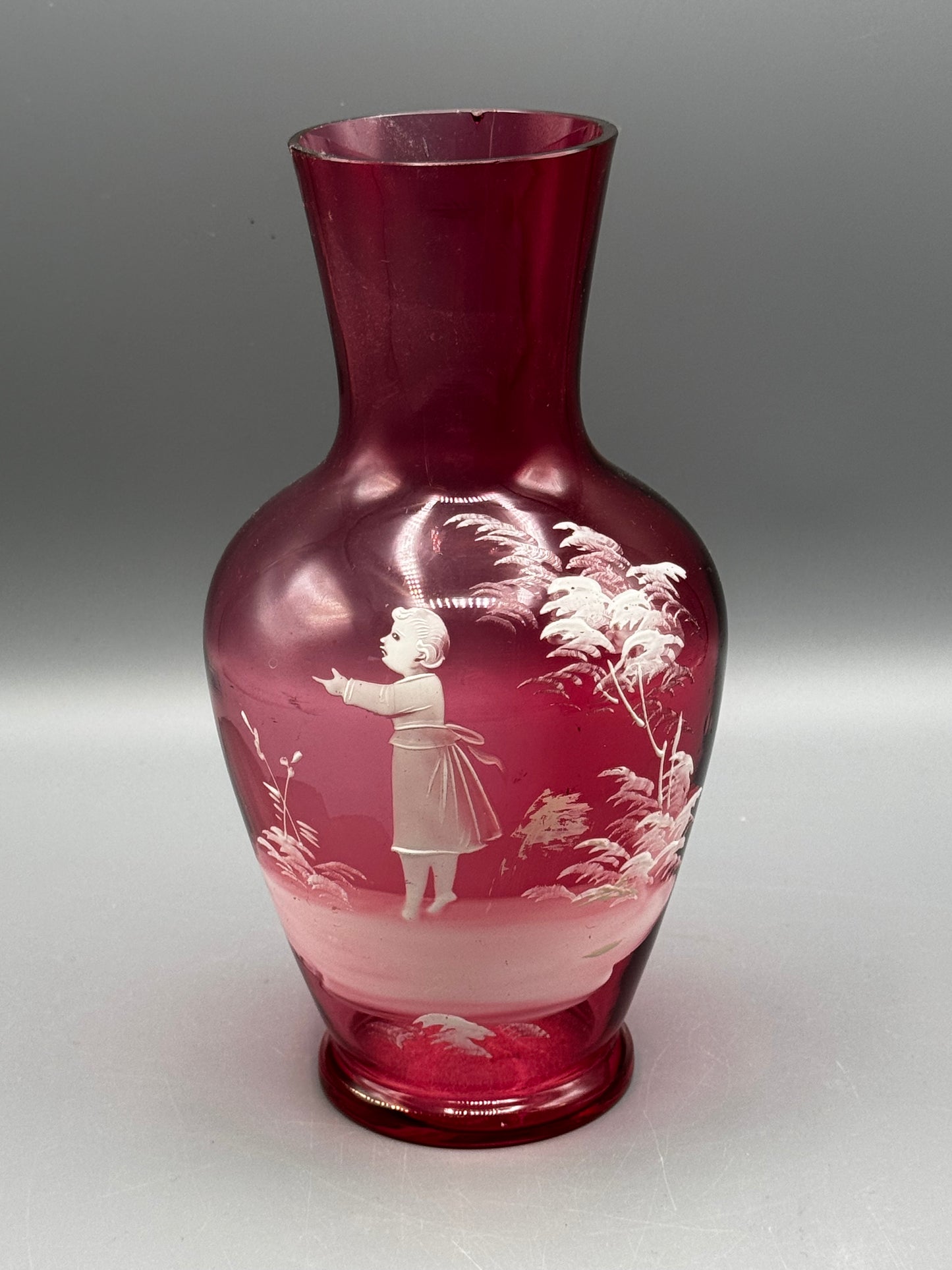 Vintage Mary Gregory Style Cranberry Glass Vase Hand Painted Child 8.5”