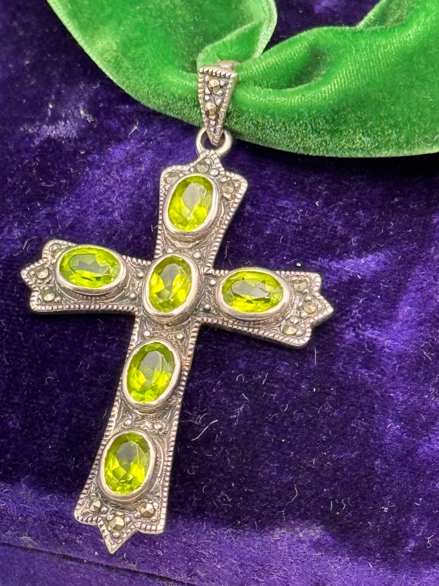 Vintage Sterling Silver Cross Pendant Peridot Green Stones 2.25” Statement Necklace